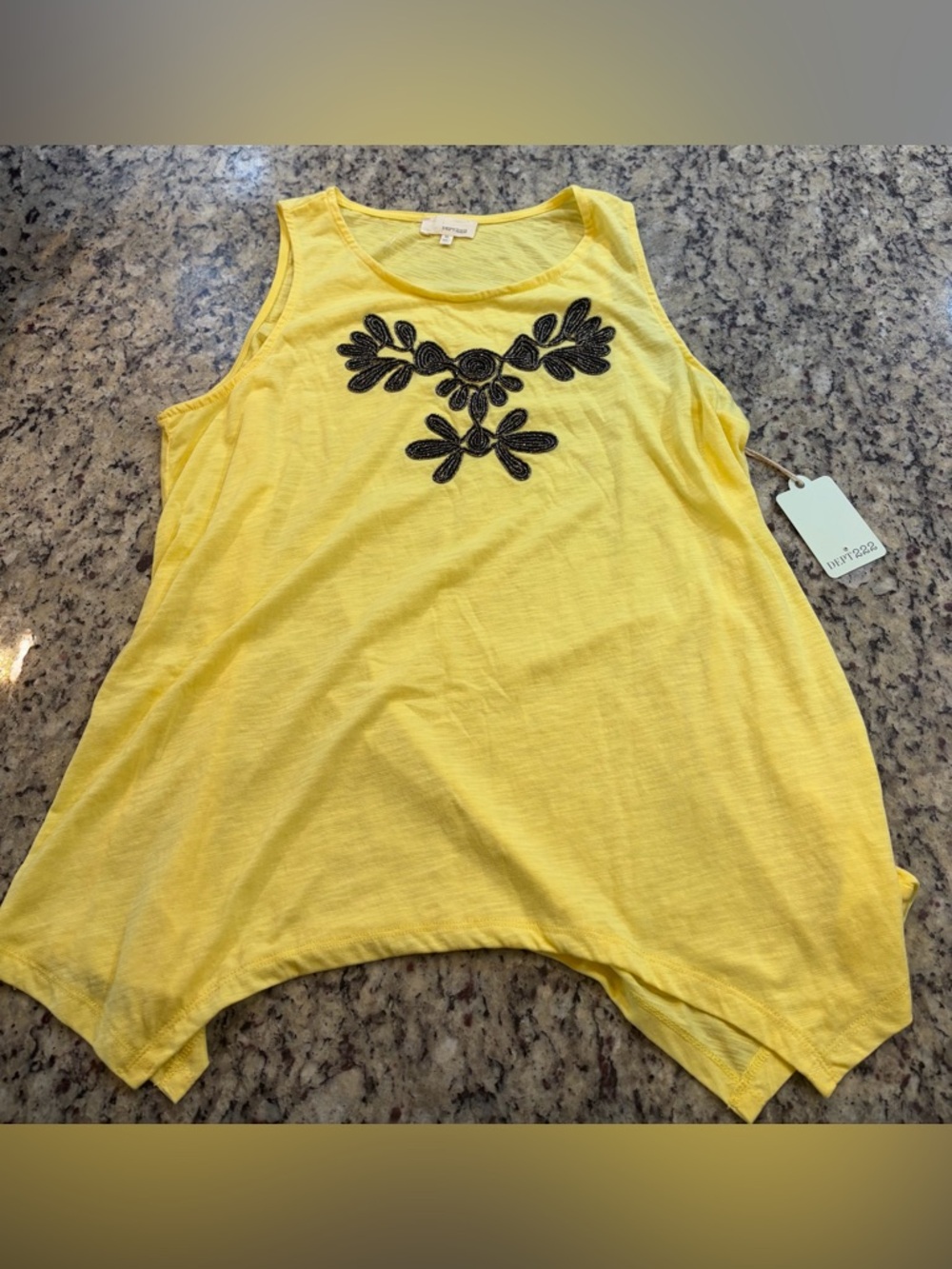 Yellow Sleeveless Tank with Black Floral Embroidered Applique